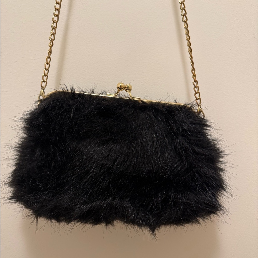 Olivia Miller Black Faux Fur Clutch with Gold Chain